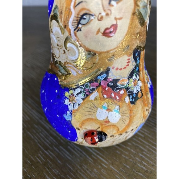 RUSSIAN ROLY POLY WOODEN‎ DOLL NEVALYASHKA Blue Cat Bell Music Ladybug Handpaint - Picture 3 of 9